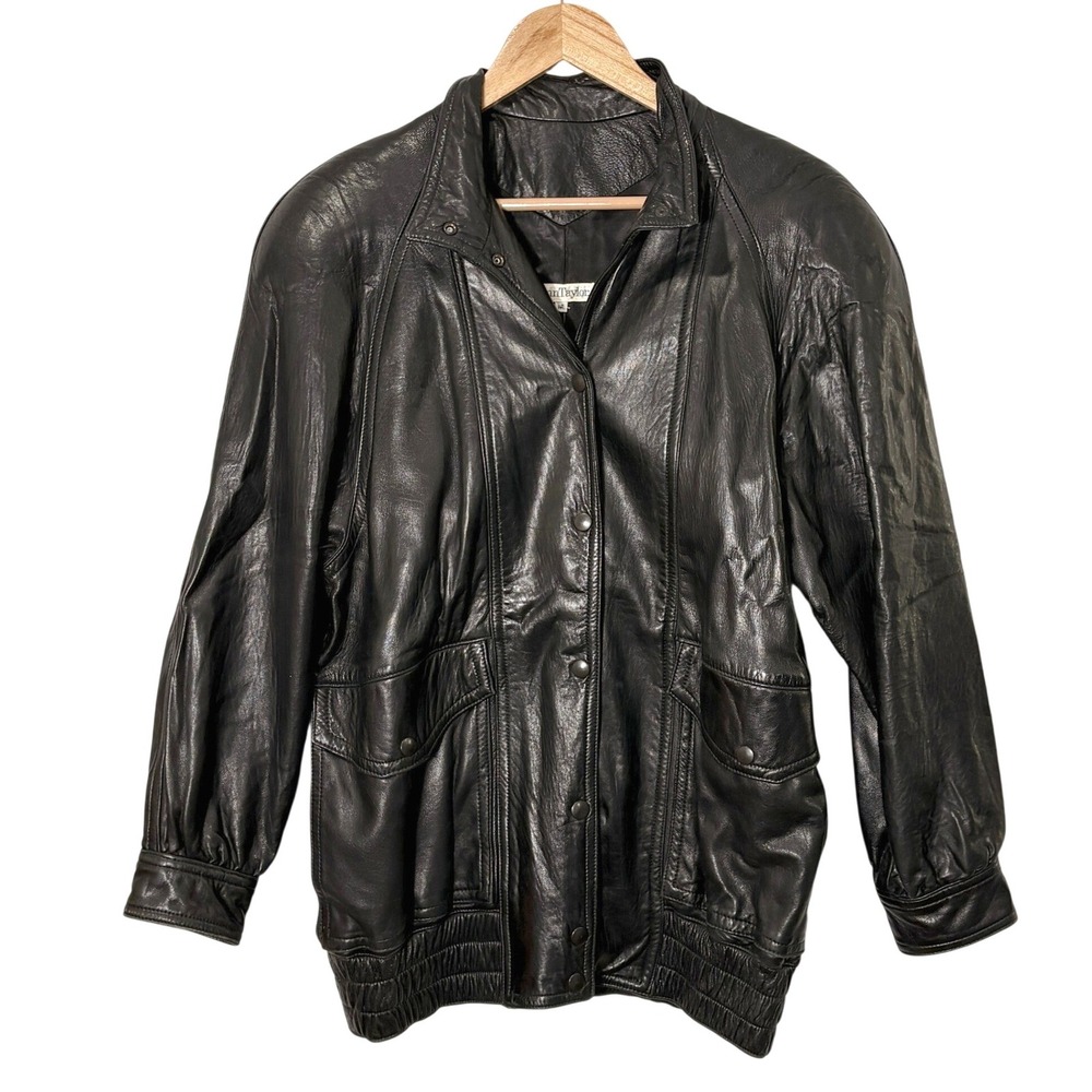 Vintage 80s Ann Taylor Womens Black Leather Bomber Jacket Size M Moto 90s Retro